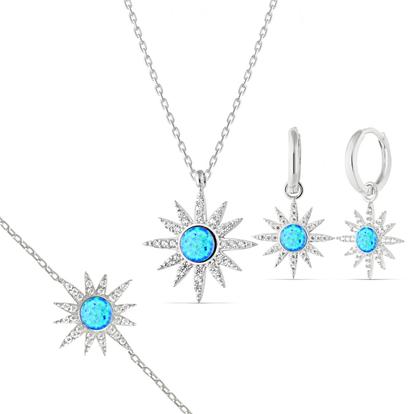 Metallic Blue Opal Sun Sterling Silver Necklace Earring And Bracelet Set
