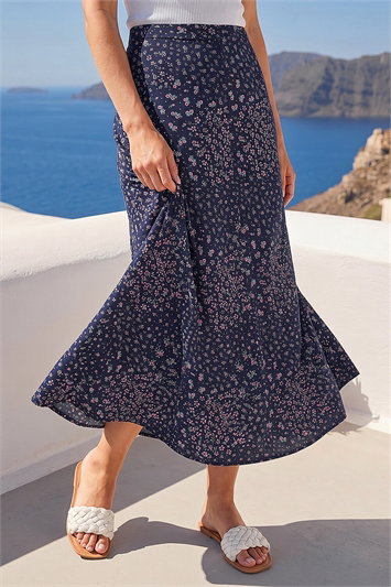 Blue Linear Floral Print Stretch Midi Skirt