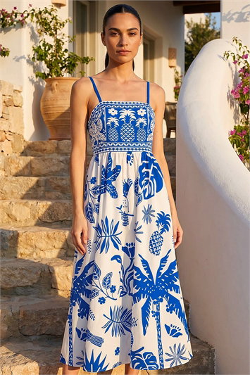Pineapple Palm Strappy Midi Dress 14923580