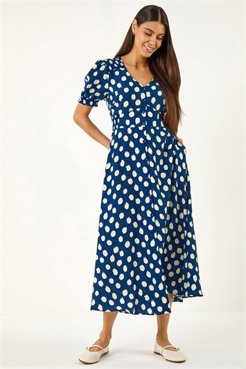 Blue Spot Print Button Midi Dress