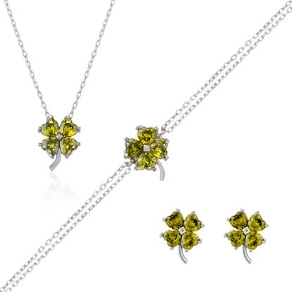Metallic Four Leaf Clover Sterling Silver Stud Earrings Bracelet And Necklace Set - Mystic Green