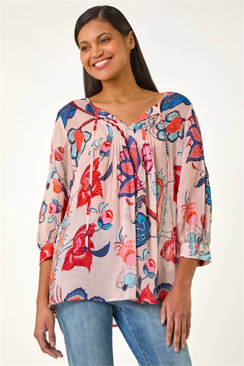 Blue Floral Print Tie Front Top