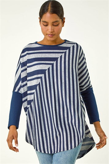 Blue Contrast Stripe Tunic Stretch Top