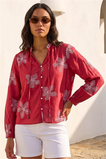 Red Floral Embroidered Blouse