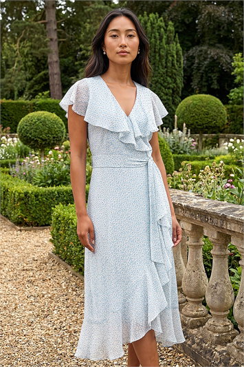 Blue Petite Ditsy Floral Frill Midi Dress