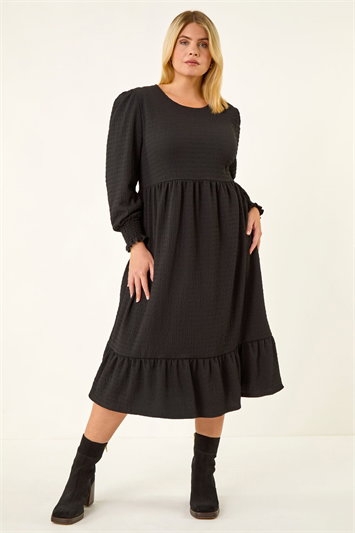 Black Curve Textured Gathered Stretch Midi Dress