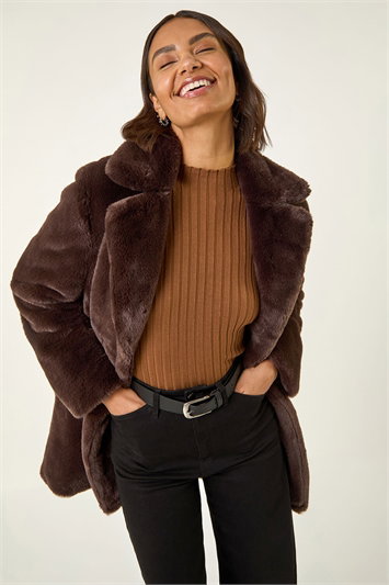 Brown Faux Fur Longline Coat