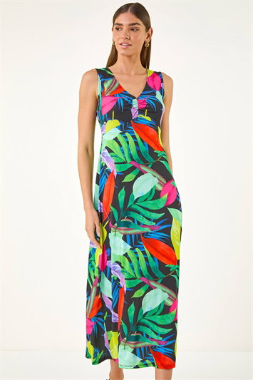 Green Leaf Print V-Neck Midi Dress
