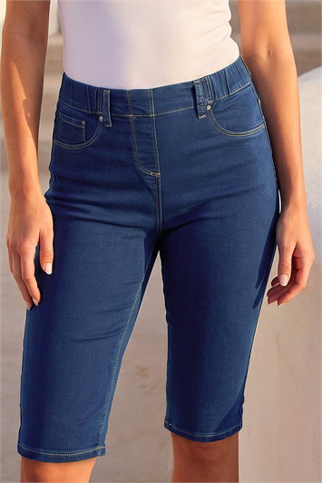 Purple Denim Stretch Knee Length Pedal Pusher