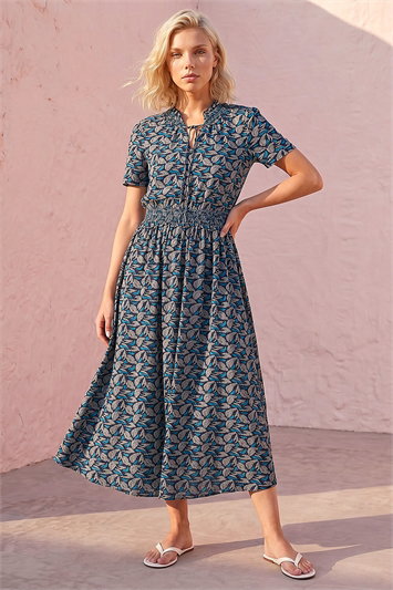 Blue Petite Shirred Waist Dress