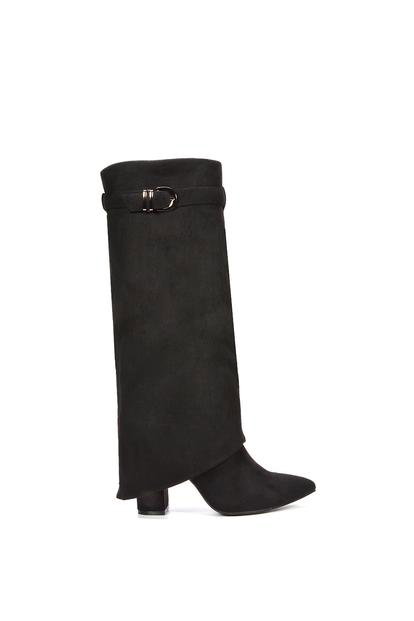 Black 'Aaliyah' Fold Over Boots Block Heel Buckle Point Toe