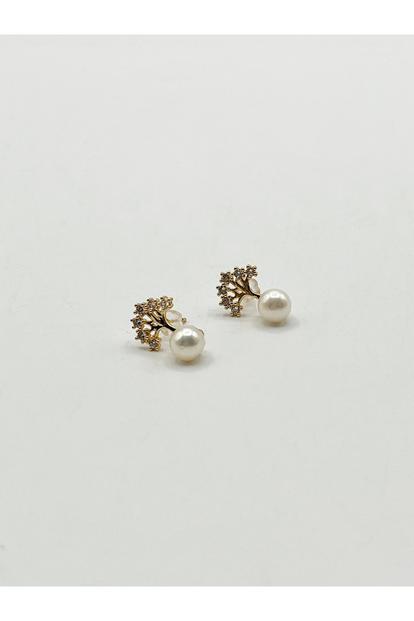 Metallic Pearl Stud Earring With Diamante Tree In Gold - Gift Boxed