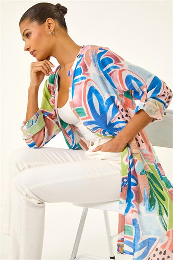 Cream Abstract Print Button Up Longline Blouse