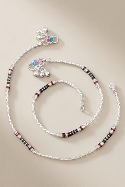 Metallic Black Red Enamel Pipe Silver Plated Asian Indian Payal Anklet