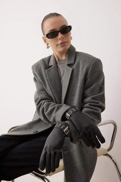Black Faux Leather Belt Detail Gloves For Women