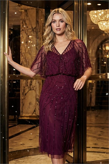 Red Embellished V-Neck Midi Dress