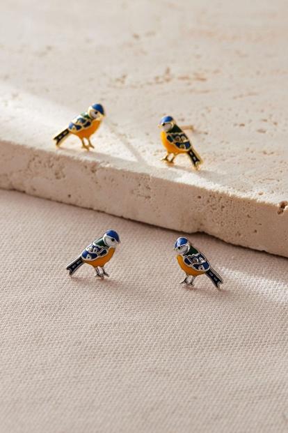 Metallic Sterling Silver Blue Tit Bird Stud Earrings