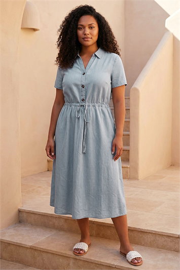 Blue Curve Tie Waist Shirt Dress
