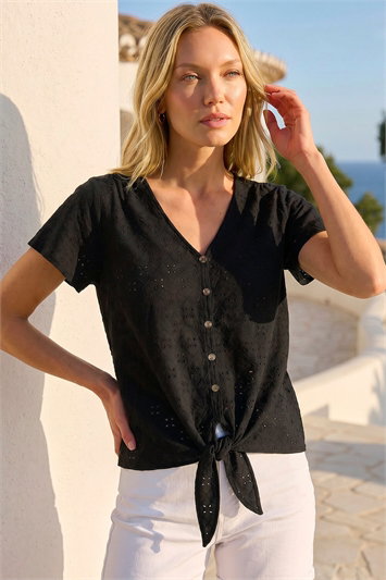 Black V-Neck Broderie Stretch Tie Front Top
