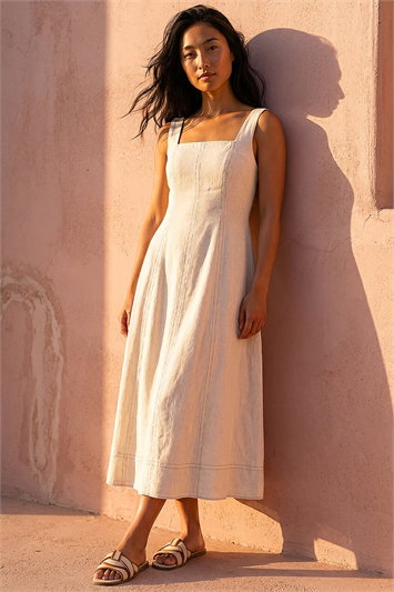 Petite Linen Blend Contrast Stitch Dress 14937759