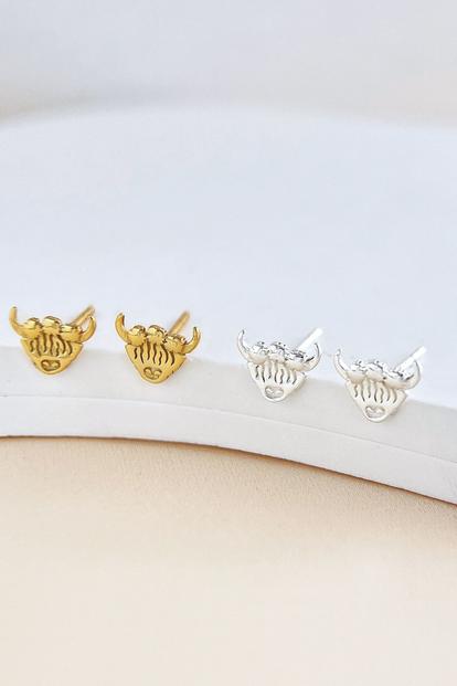Metallic Sterling Silver Highland Cow Crown Studs