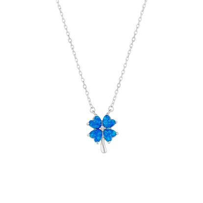 Metallic Blue Opal Four Leaf Clover Sterling Silver Necklace