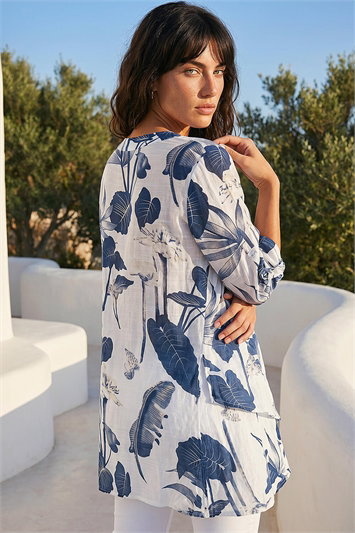 Palm Print V-Neck Wrap Hem Tunic Top 20118560