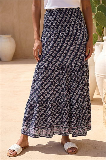 Blue Floral Print Shirred Maxi Skirt