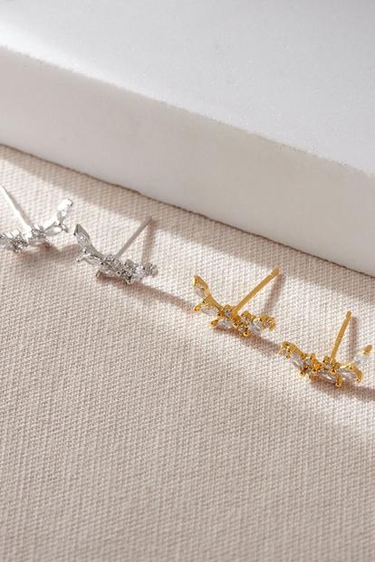 Metallic Sterling Silver Cz Leaf Studs