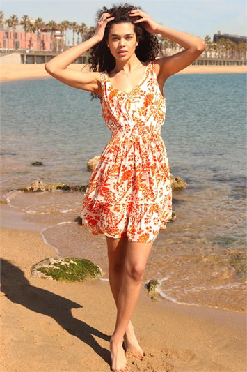 Sleeveless Floral Print Shirred Dress 14348064