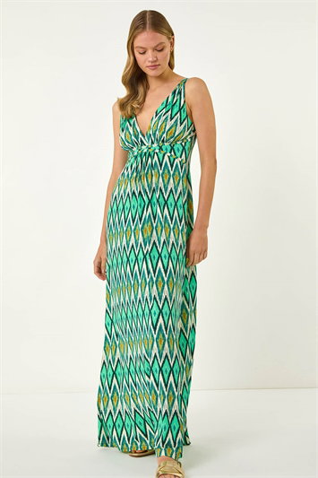 Green Geometric V-Neck Maxi Dress