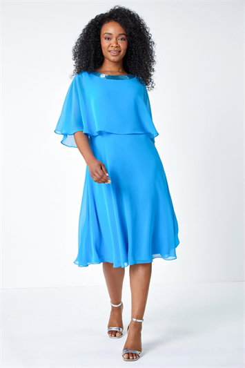 Petite Sequin Trim Chiffon Cape Dress 14435609