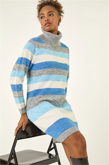 Blue Stripe Cowl Neck Knit Dress