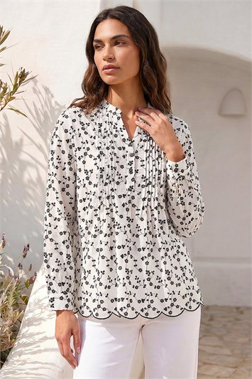 Floral Embroidered Pintuck Top 20240238