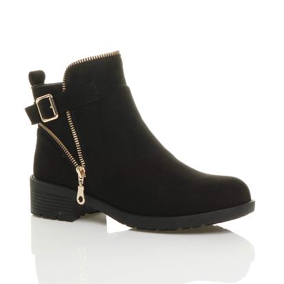 Black Low Heel Gold Zip Ankle Boots