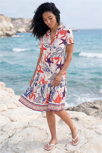 White Starfish Print Button Down Dress