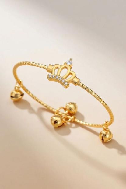 Metallic Zircon Crown Charm Adjustable Brass Bracelet For Kids