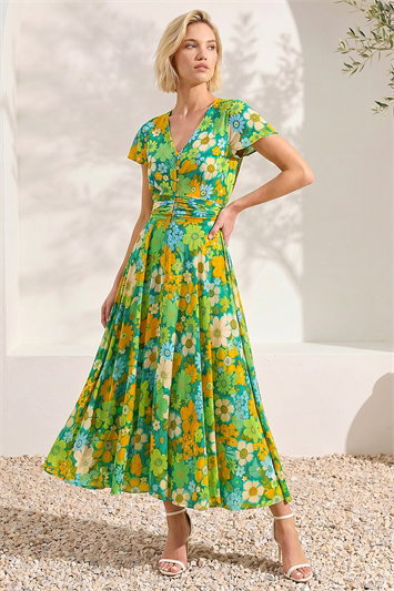 Yellow Floral Ruched Midi Dress