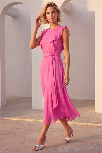 Pink Chiffon Frill Front Midi Dress