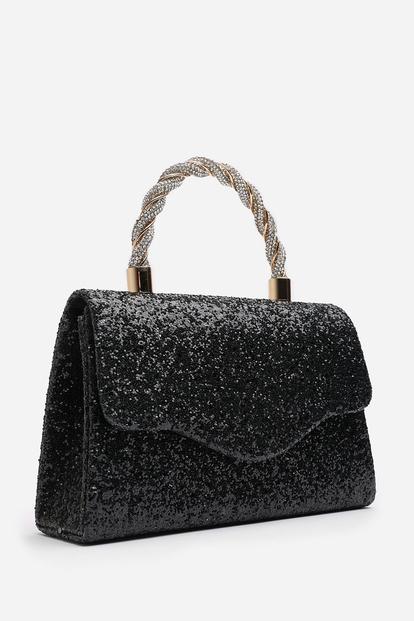 Black Pluie Glitter Evening Bag With Braided Top Handle