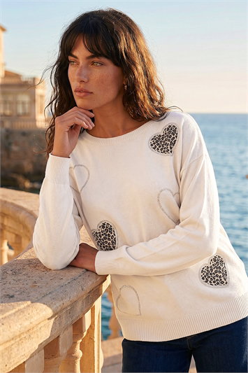 White Animal Heart Print Embellished Knit Jumper