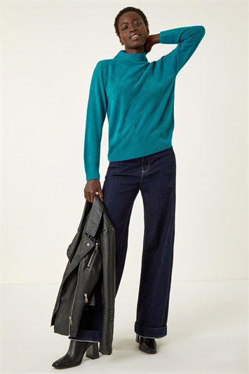 Blue Cable Knit Pearl Jumper