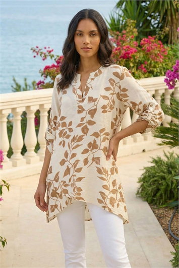 Leaf Print Wrap Hem Tunic Top 20250524