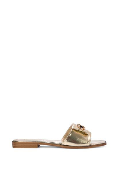 Black 'Leigh' Open Toe Foldover Buckle Slip On Flat Slider Mules