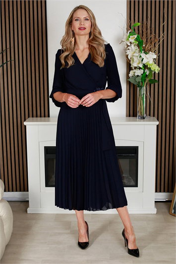 Blue Julianna Pleated Chiffon Dress