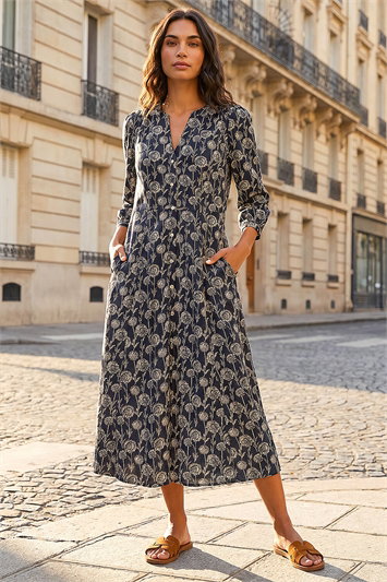 Black Printed V-Neck Midi Dress