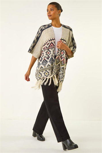 Jacquard Tassel Trim Poncho 16221559