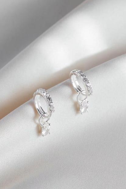 Metallic Sterling Silver Cz Huggie Hoop Drop Earrings