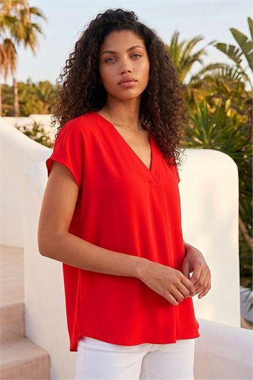Red Petite V-Neck Tuck Front Top