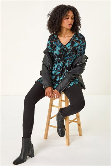 Blue Floral Print Ladder Trim Top
